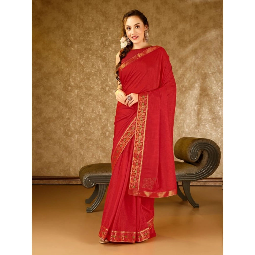 Shopper Beast Women's Vichitra Swiroshki Butta Saree With Unstitched Blouse (Red, 5-6 Mtrs)