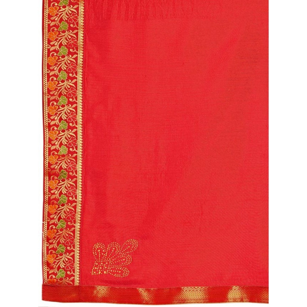 Shopper Beast Women's Vichitra Swiroshki Butta Saree With Unstitched Blouse (Red, 5-6 Mtrs)