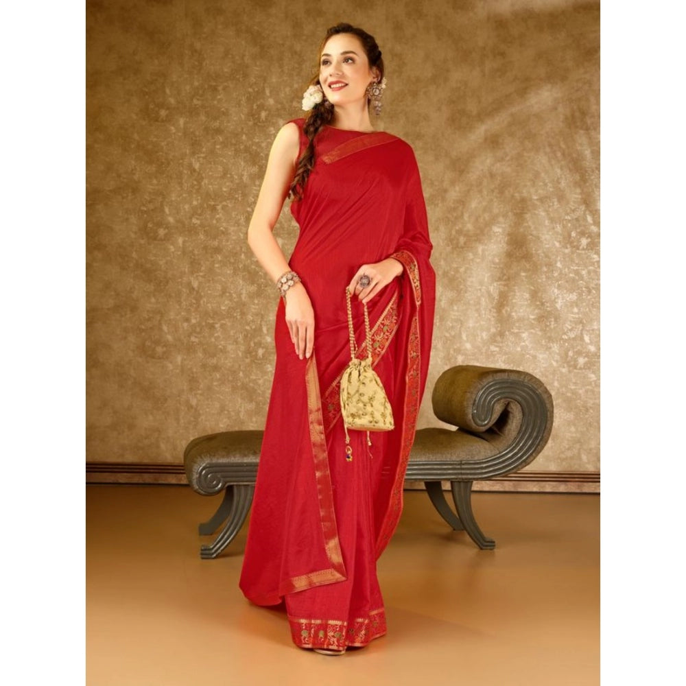 Shopper Beast Women's Vichitra Swiroshki Butta Saree With Unstitched Blouse (Red, 5-6 Mtrs)