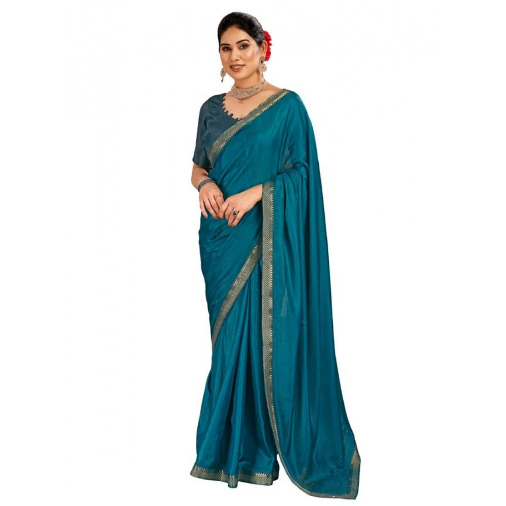 Shopper Beast Women's Vichitra Swiroshki Butta Saree With Unstitched Blouse (Blue, 5-6 Mtrs)