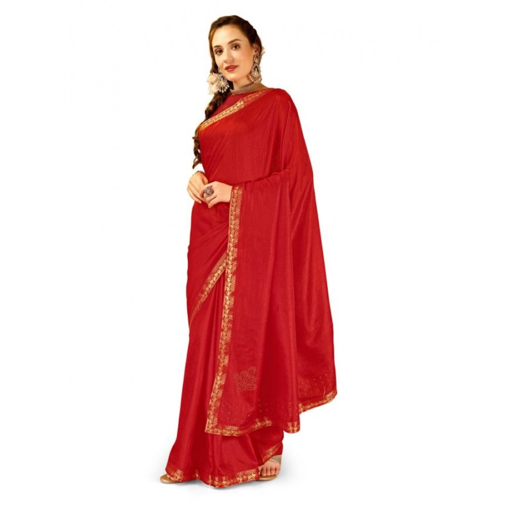 Shopper Beast Women's Vichitra Printed Saree With Unstitched Blouse (Red, 5-6 Mtrs)