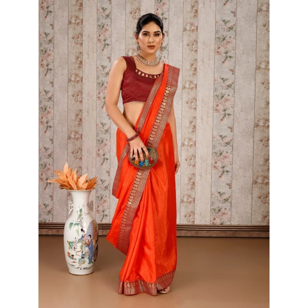 Shopper Beast Women's Vichitra Plain Saree With Unstitched Blouse (Orange, 5-6 Mtrs)