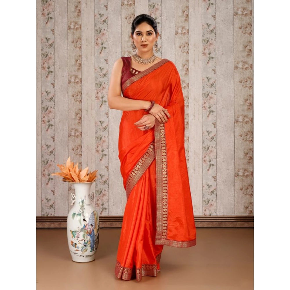 Shopper Beast Women's Vichitra Plain Saree With Unstitched Blouse (Orange, 5-6 Mtrs)