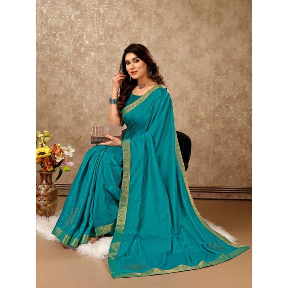 Shopper Beast Women's Vichitra Swiroshki Butta Saree With Unstitched Blouse (Teal Blue, 5-6 Mtrs)