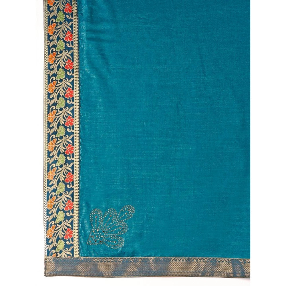 Shopper Beast Women's Vichitra Swiroshki Butta Saree With Unstitched Blouse (Teal Blue, 5-6 Mtrs)