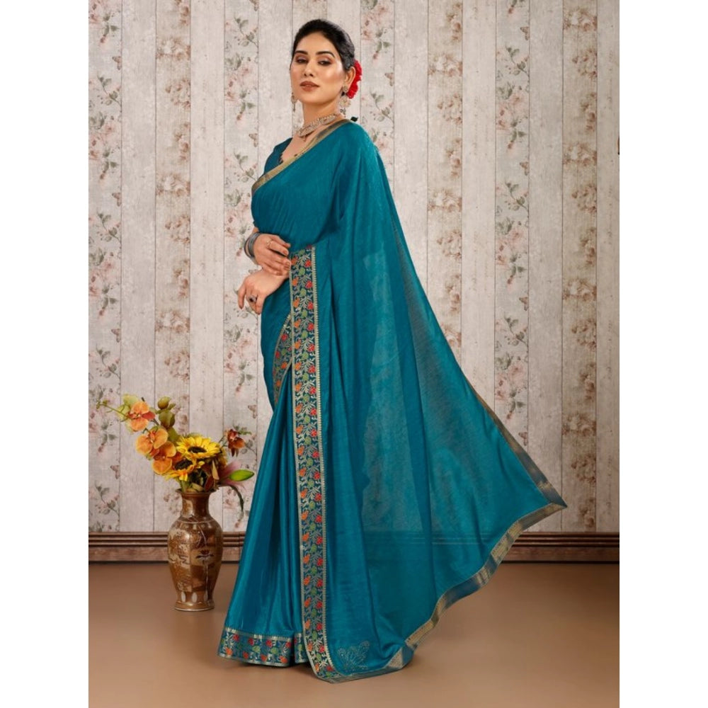 Shopper Beast Women's Vichitra Swiroshki Butta Saree With Unstitched Blouse (Teal Blue, 5-6 Mtrs)