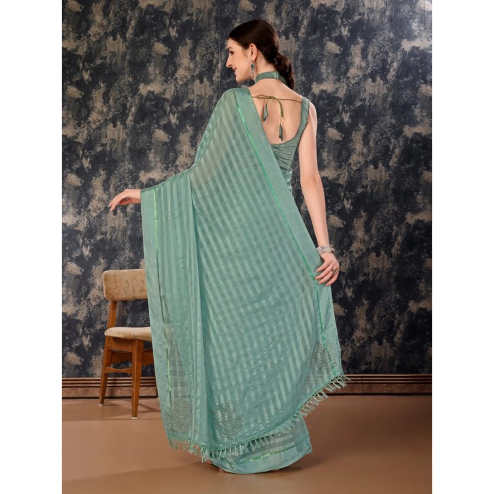 Shopper Beast Women's Chiffon Fabric Line Saree With Unstitched Blouse (Turquoise green, 5-6 Mtrs)