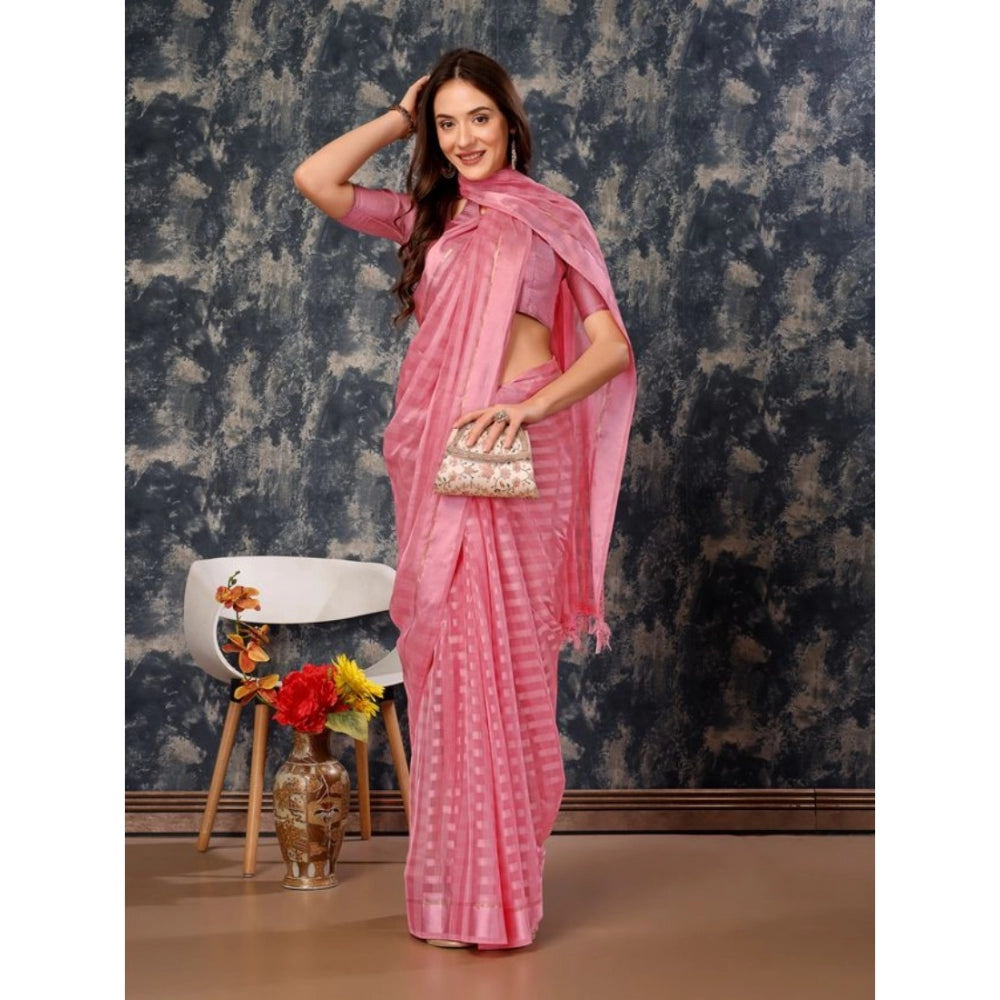 Shopper Beast Women's Chiffon Fabric Line Saree With Unstitched Blouse (Pink, 5-6 Mtrs)