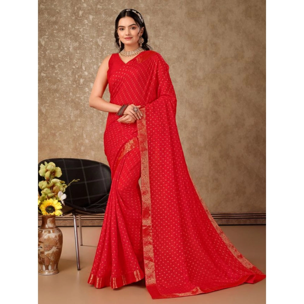 Shopper Beast Women's Vichitra Bandhani Saree With Unstitched Blouse (Red, 5-6 Mtrs)