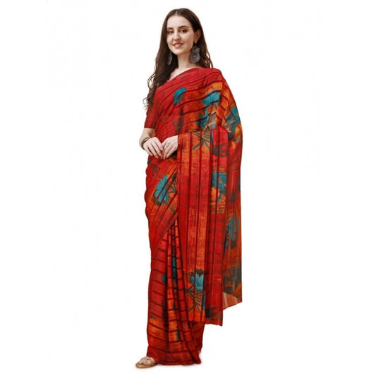 Shopper Beast Women's Georgette Floral Printed Saree With Unstitched Blouse (Maroon, 5-6 Mtrs)