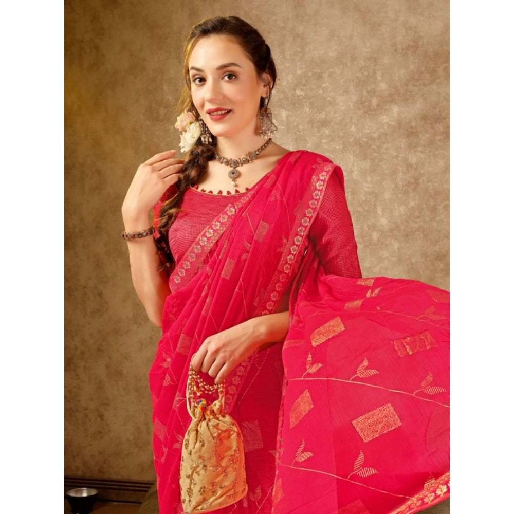 Shopper Beast Women's Zomto Patta Chiffon Saree With Unstitched Blouse (Pink, 5-6 Mtrs)