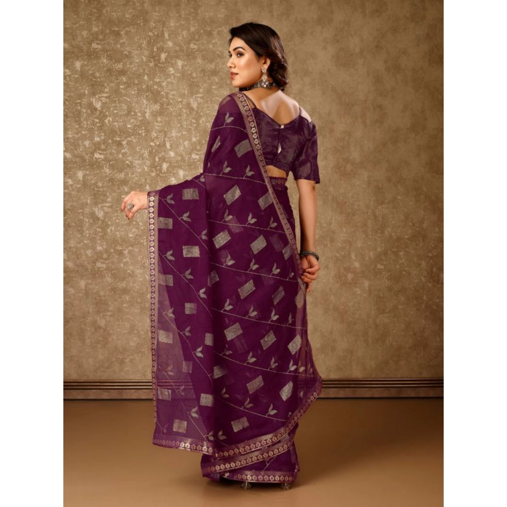 Shopper Beast Women's Zomto Patta Chiffon Saree With Unstitched Blouse (Wine, 5-6 Mtrs)