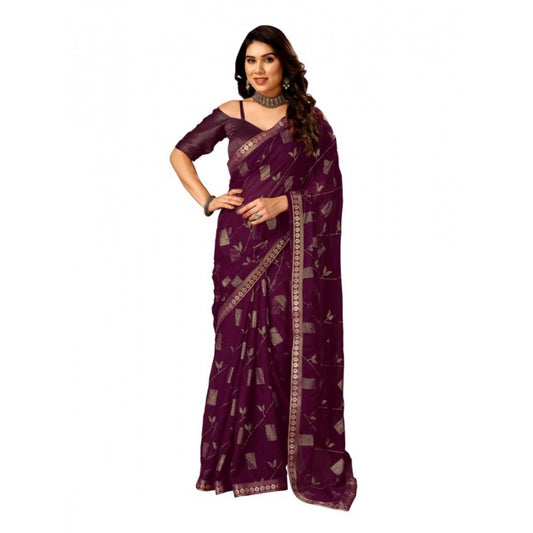 Shopper Beast Women's Zomto Patta Chiffon Saree With Unstitched Blouse (Wine, 5-6 Mtrs)