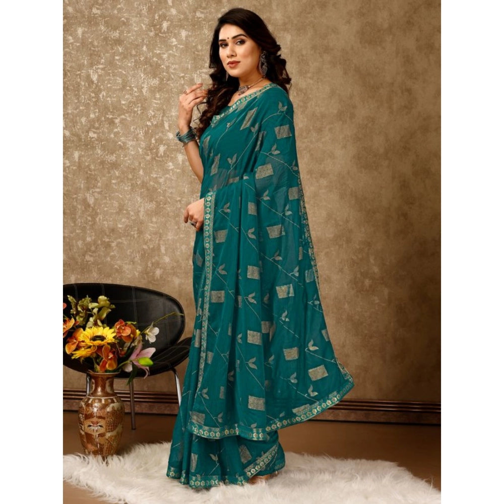 Shopper Beast Women's Zomto Patta Chiffon Saree With Unstitched Blouse (Teal Blue, 5-6 Mtrs)