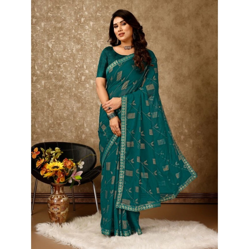 Shopper Beast Women's Zomto Patta Chiffon Saree With Unstitched Blouse (Teal Blue, 5-6 Mtrs)