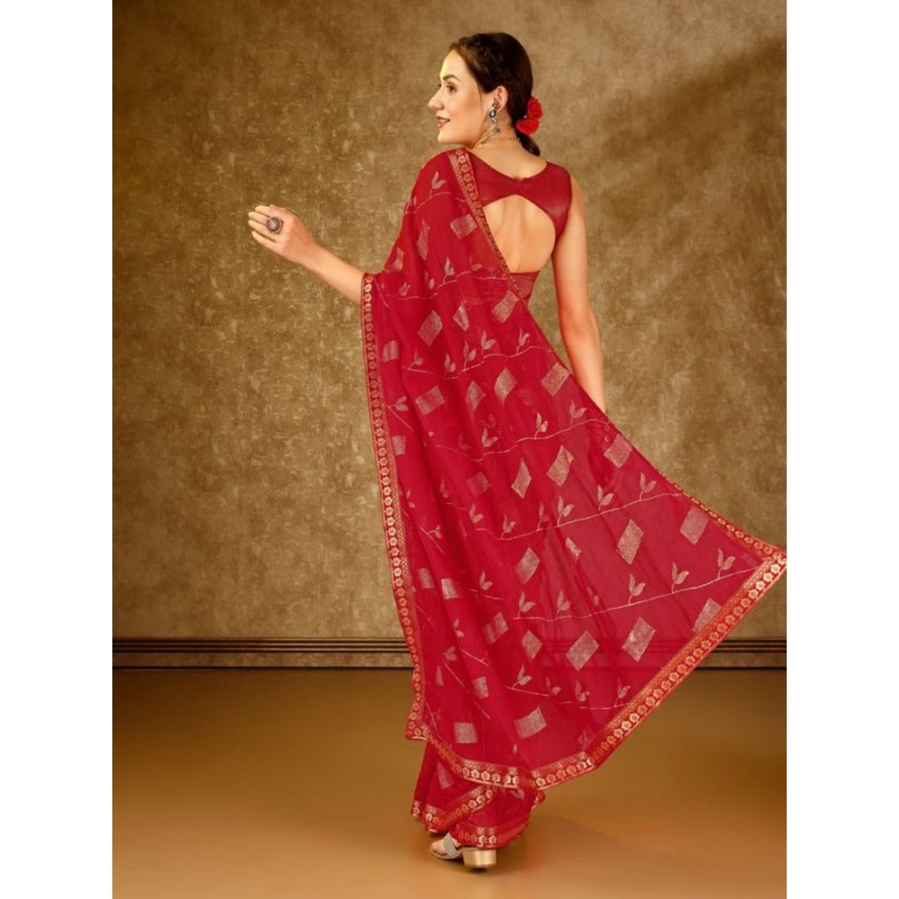 Shopper Beast Women's Zomto Patta Chiffon Saree With Unstitched Blouse (Red, 5-6 Mtrs)