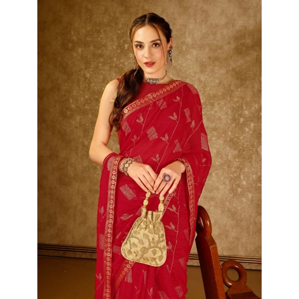 Shopper Beast Women's Zomto Patta Chiffon Saree With Unstitched Blouse (Red, 5-6 Mtrs)