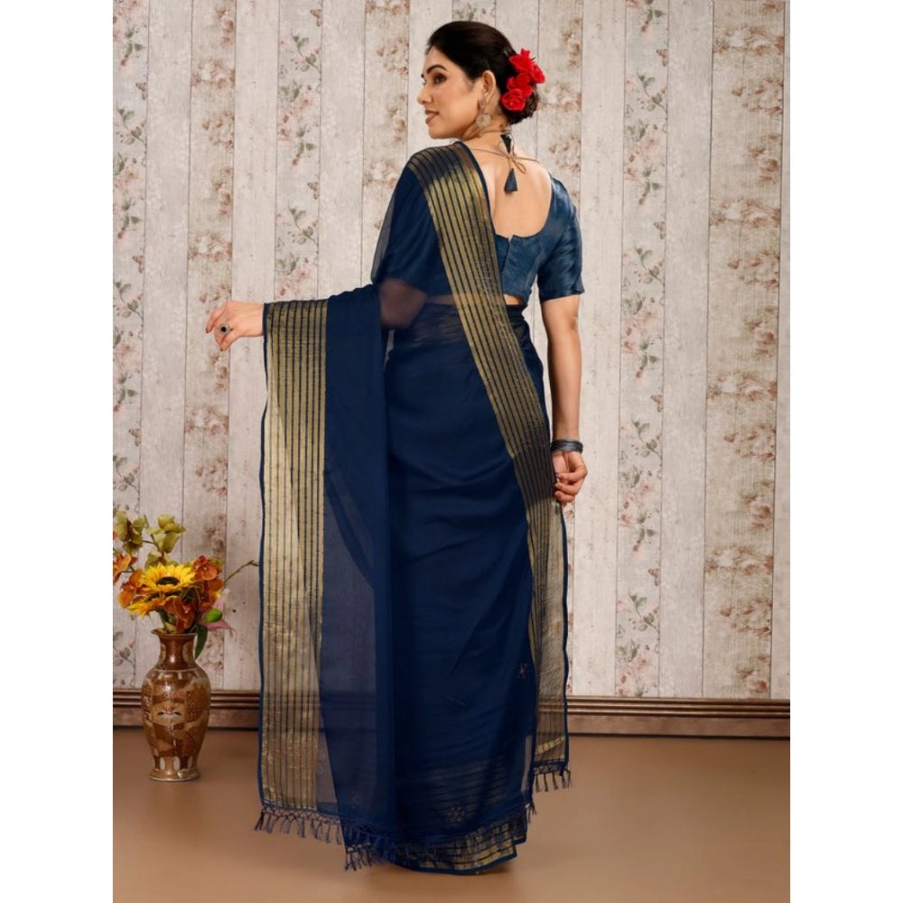 Shopper Beast Women's Chiffon Fabric Plain Saree With Unstitched Blouse (Blue, 5-6 Mtrs)