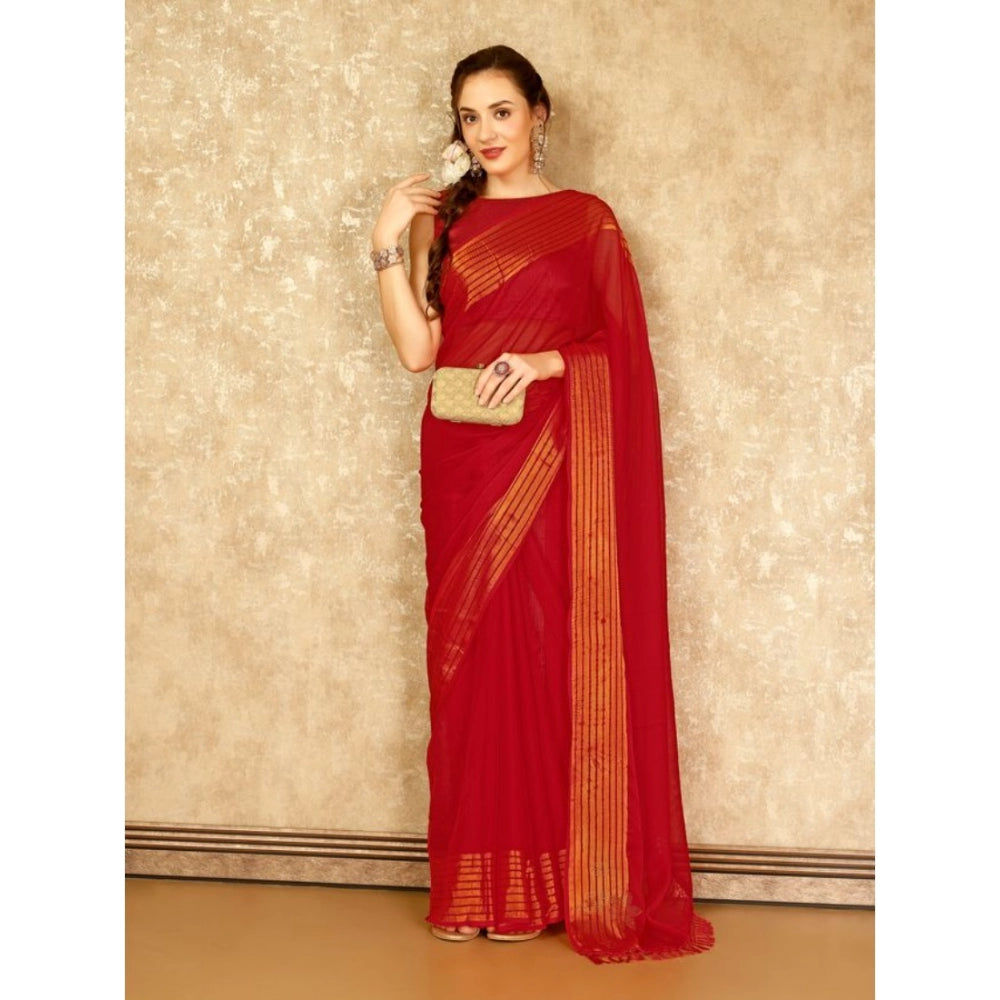 Shopper Beast Women's Chiffon Fabric Plain Saree With Unstitched Blouse (Red, 5-6 Mtrs)