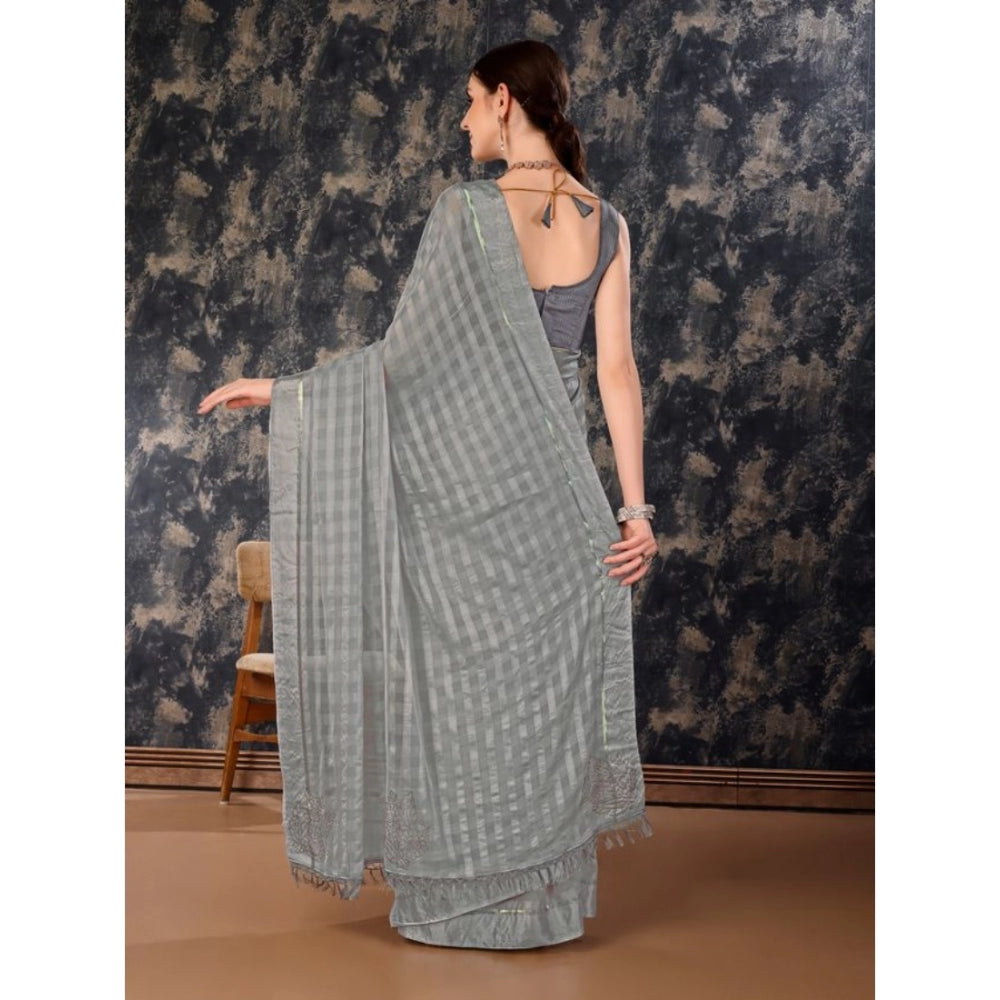 Shopper Beast Women's Chiffon Fabric Line Saree With Unstitched Blouse (Grey, 5-6 Mtrs)