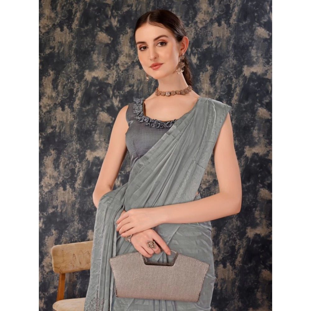 Shopper Beast Women's Chiffon Fabric Line Saree With Unstitched Blouse (Grey, 5-6 Mtrs)