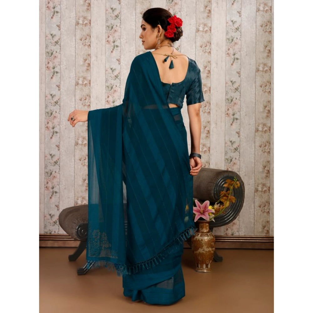 Shopper Beast Women's Chiffon Fabric Line Saree With Unstitched Blouse (Blue, 5-6 Mtrs)