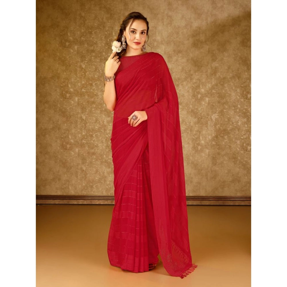 Shopper Beast Women's Chiffon Fabric Line Saree With Unstitched Blouse (Red, 5-6 Mtrs)