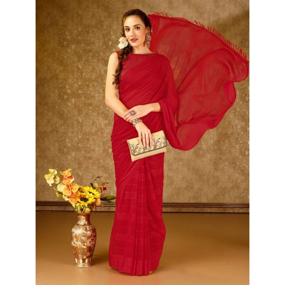 Shopper Beast Women's Chiffon Fabric Line Saree With Unstitched Blouse (Red, 5-6 Mtrs)