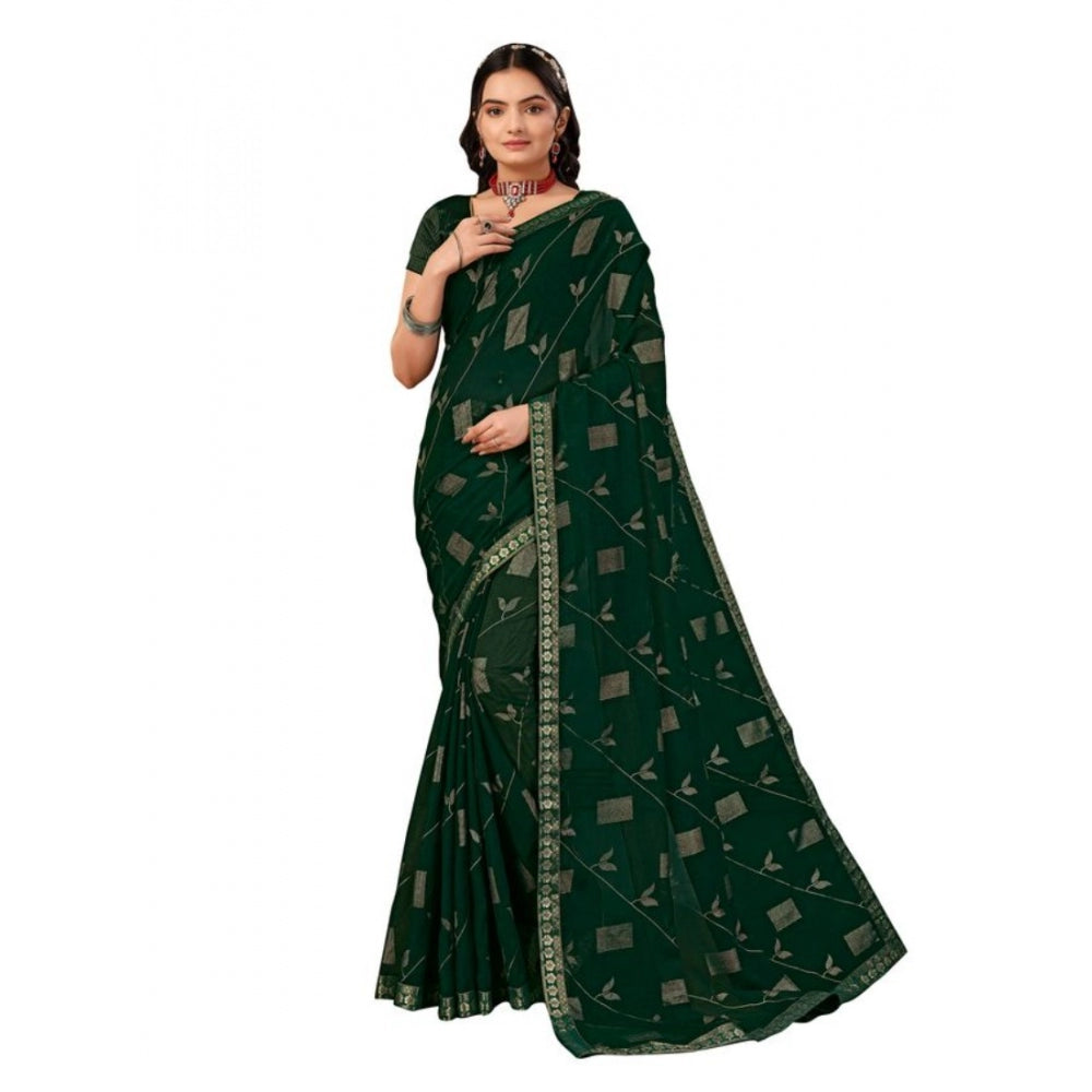 Shopper Beast Women's Zomto Patta Chiffon Saree With Unstitched Blouse (Green, 5-6 Mtrs)