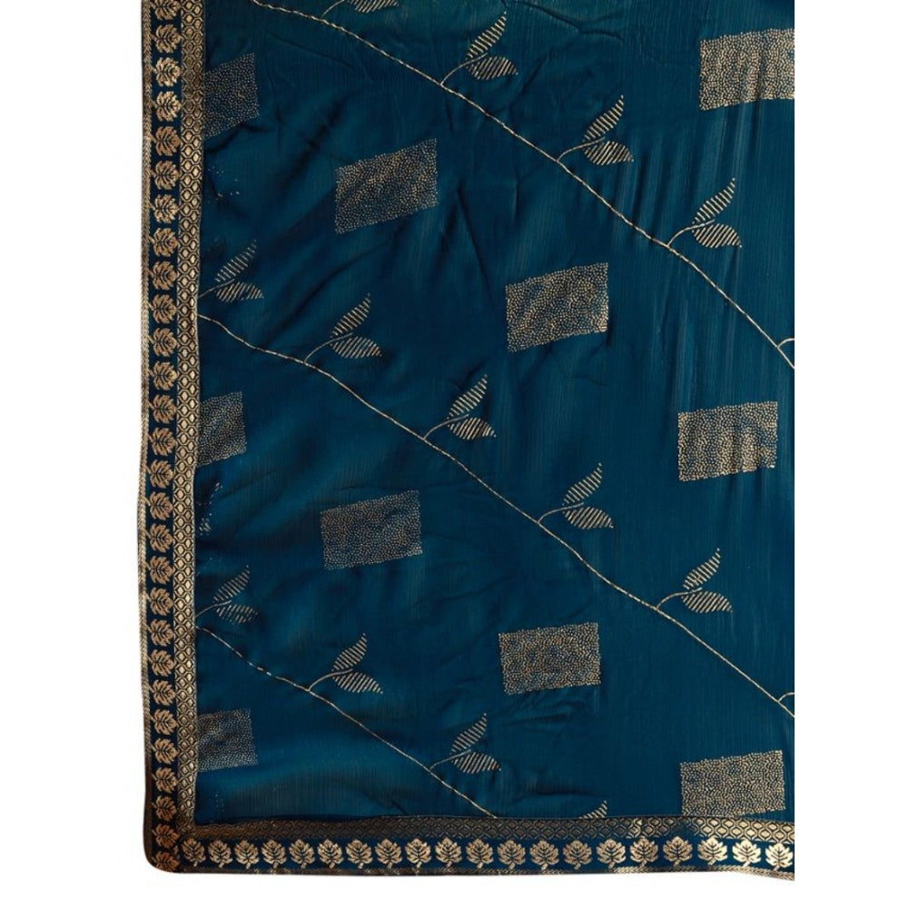 Shopper Beast Women's Zomto Patta Chiffon Saree With Unstitched Blouse (Blue, 5-6 Mtrs)