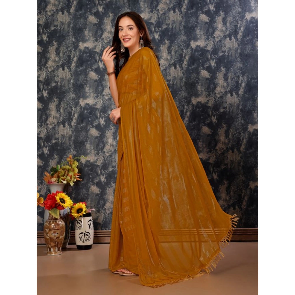 Shopper Beast Women's Chiffon Fabric Line Saree With Unstitched Blouse (Mustard, 5-6 Mtrs)