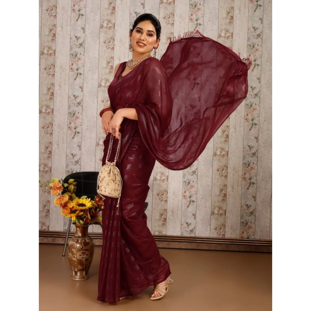 Shopper Beast Women's Chiffon Fabric Line Saree With Unstitched Blouse (Maroon, 5-6 Mtrs)