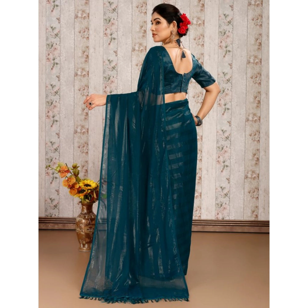 Shopper Beast Women's Chiffon Fabric Line Saree With Unstitched Blouse (Teal Blue, 5-6 Mtrs)