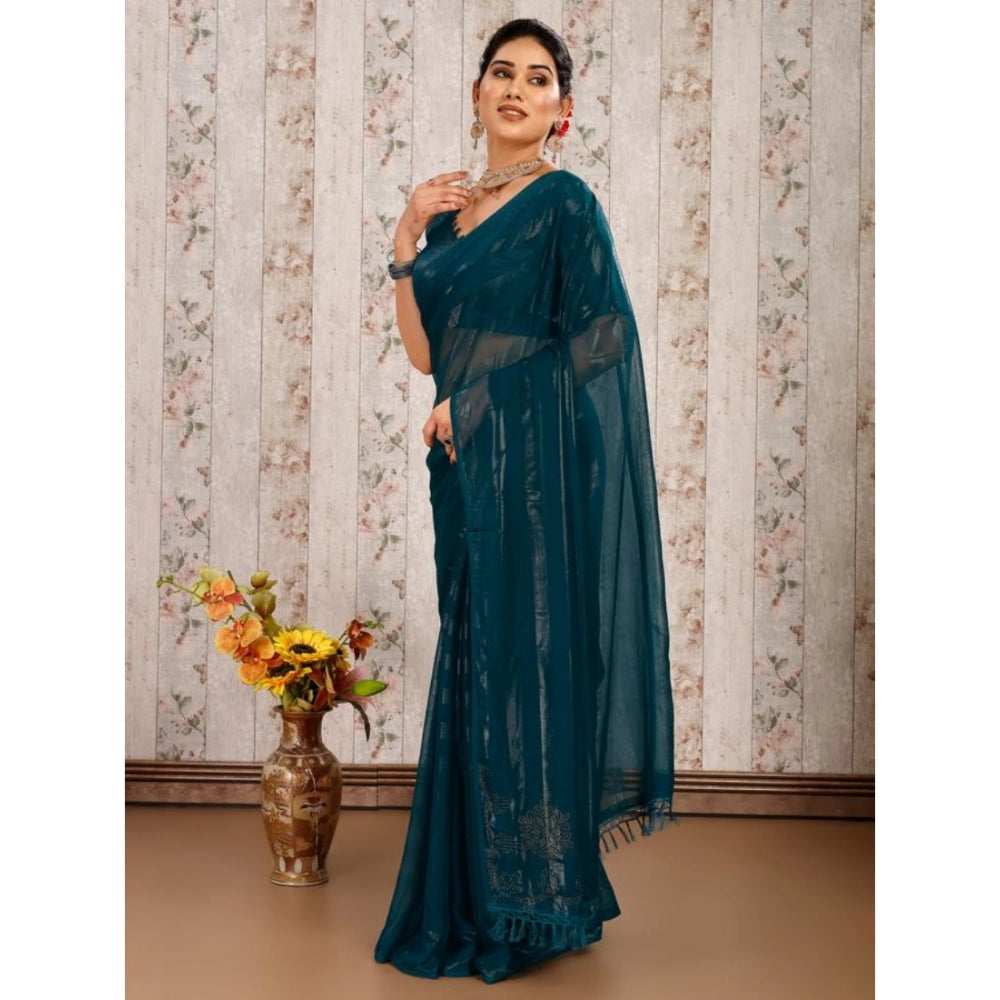 Shopper Beast Women's Chiffon Fabric Line Saree With Unstitched Blouse (Teal Blue, 5-6 Mtrs)