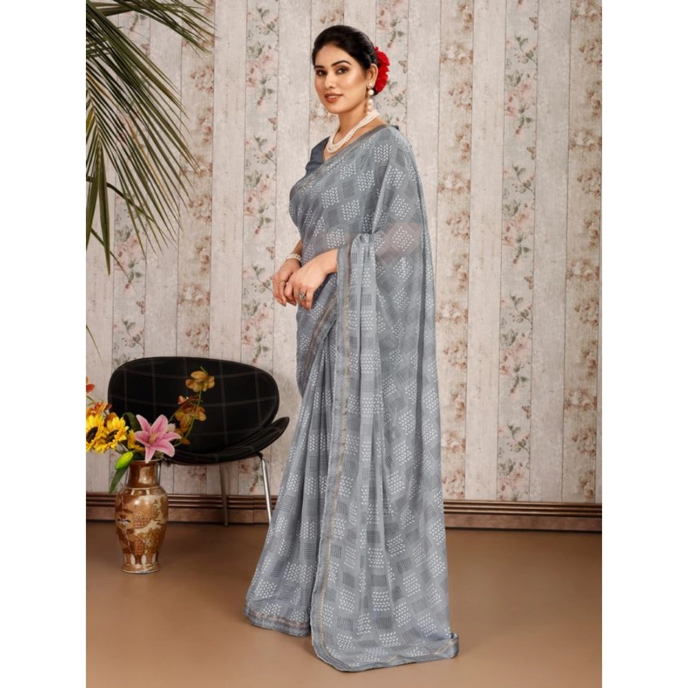 Shopper Beast Women's Zomto Cheked Saree With Unstitched Blouse (Grey, 5-6 Mtrs)