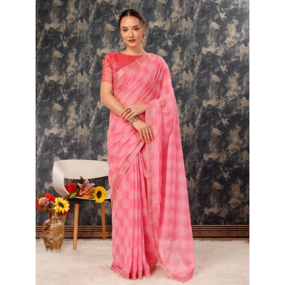 Shopper Beast Women's Zomto Cheked Saree With Unstitched Blouse (Pink, 5-6 Mtrs)