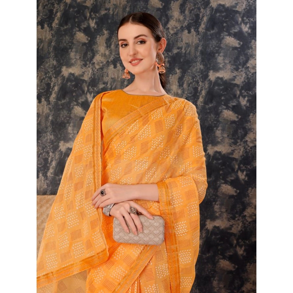 Shopper Beast Women's Zomto Cheked Saree With Unstitched Blouse (Yellow, 5-6 Mtrs)