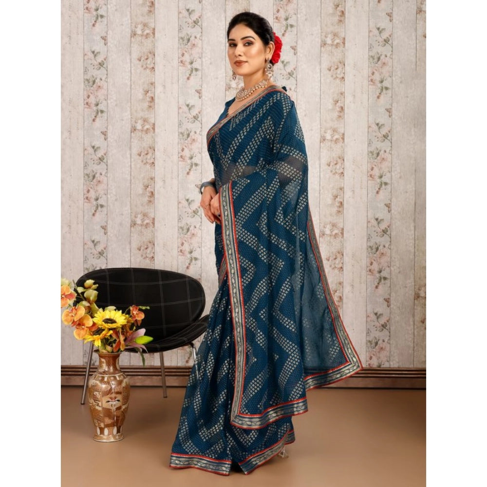 Shopper Beast Women's Zomto Zig Zag Saree With Unstitched Blouse (Blue, 5-6 Mtrs)