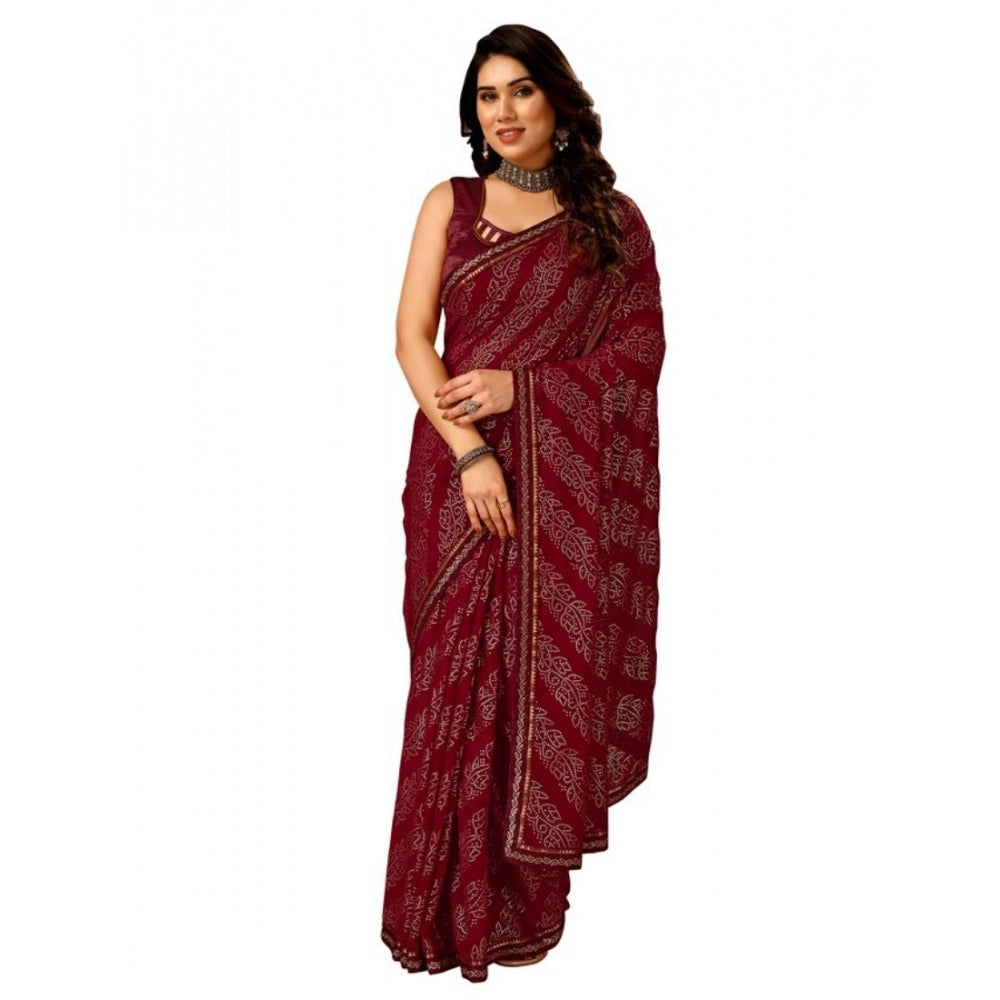 Shopper Beast Women's Zomto Bandhani Saree With Unstitched Blouse (Maroon, 5-6 Mtrs)