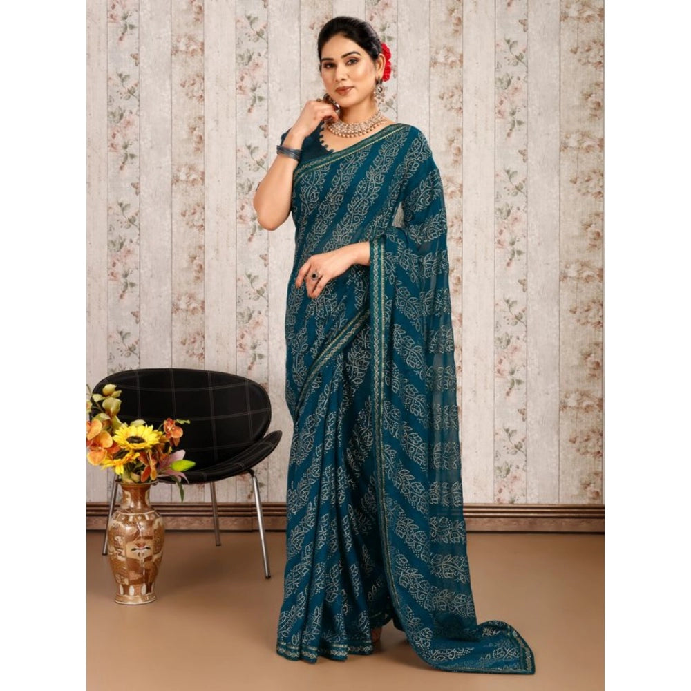 Shopper Beast Women's Zomto Bandhani Saree With Unstitched Blouse (Blue, 5-6 Mtrs)