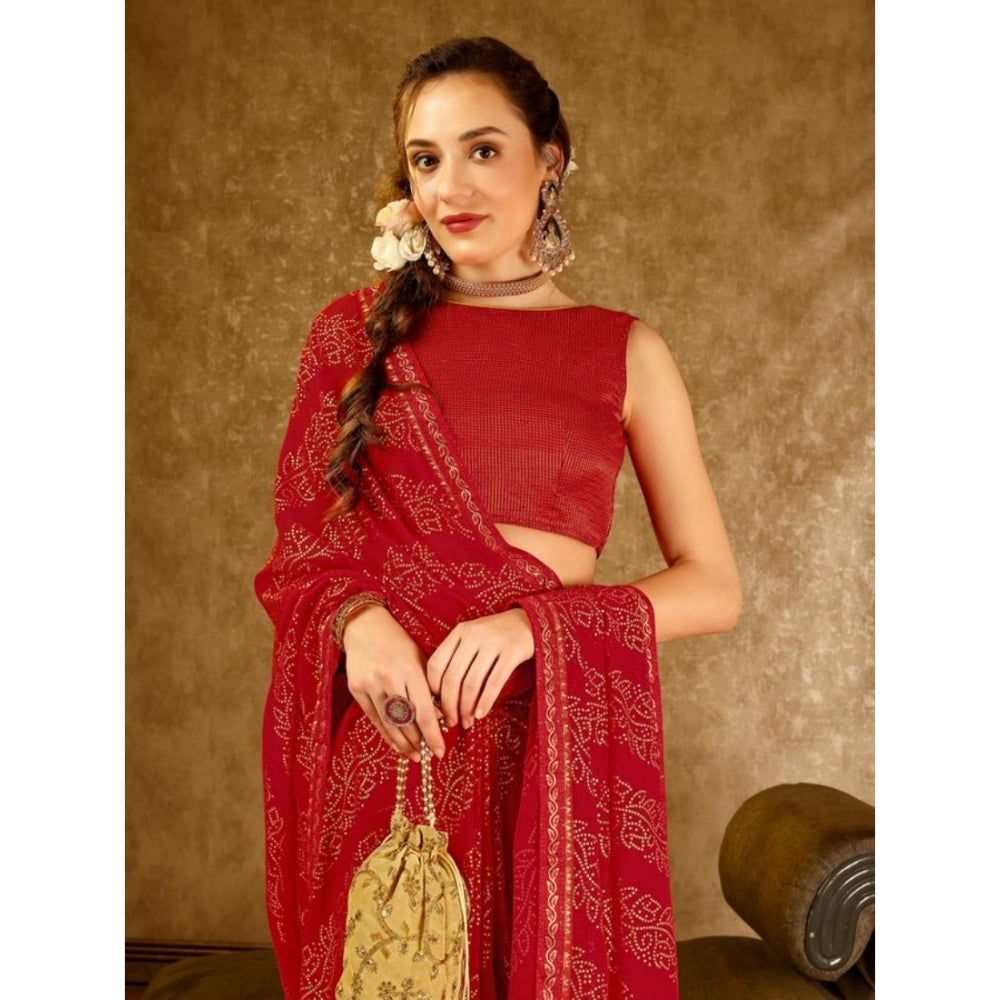 Shopper Beast Women's Zomto Bandhani Saree With Unstitched Blouse (Red, 5-6 Mtrs)