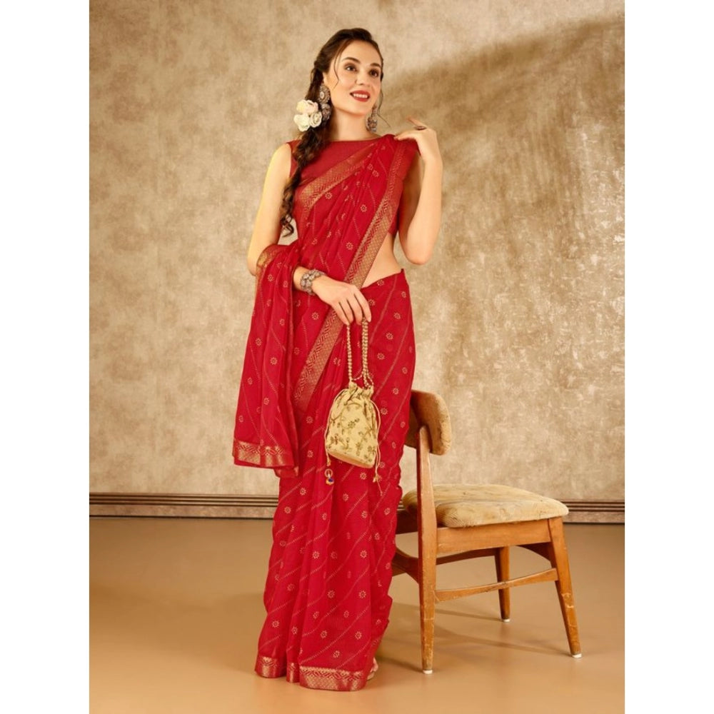 Shopper Beast Women's Zomto Bandhani Saree With Unstitched Blouse (Red, 5-6 Mtrs)