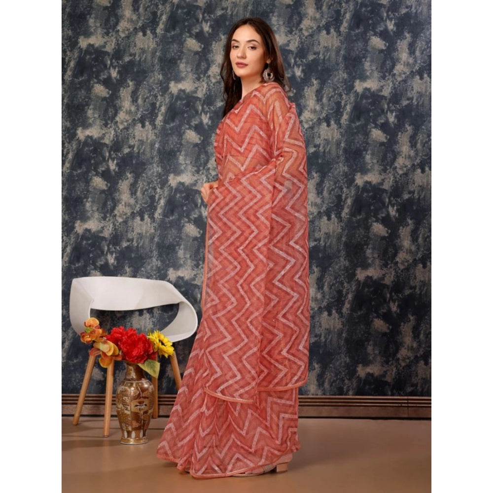 Shopper Beast Women's Linen Zig Zag Saree With Unstitched Blouse (Peach, 5-6 Mtrs)