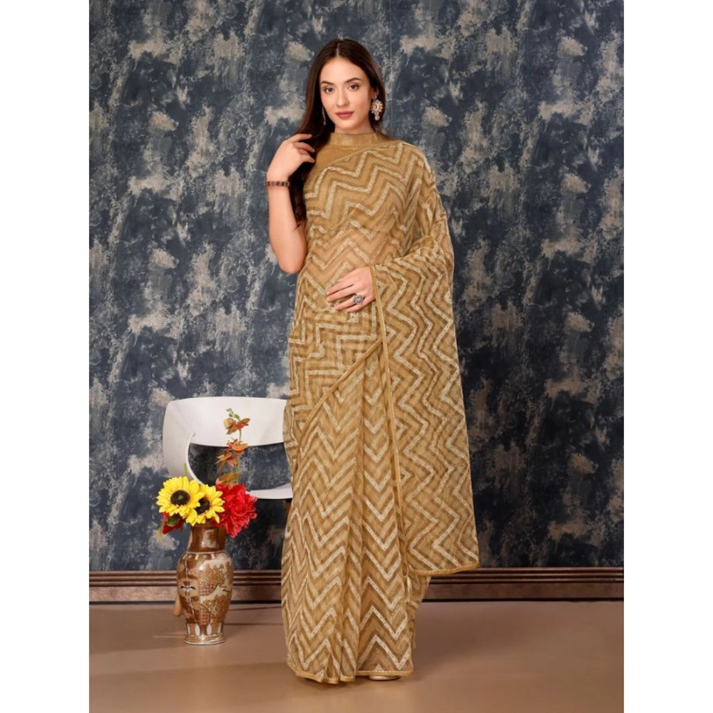 Shopper Beast Women's Linen Zig Zag Saree With Unstitched Blouse (Beige, 5-6 Mtrs)