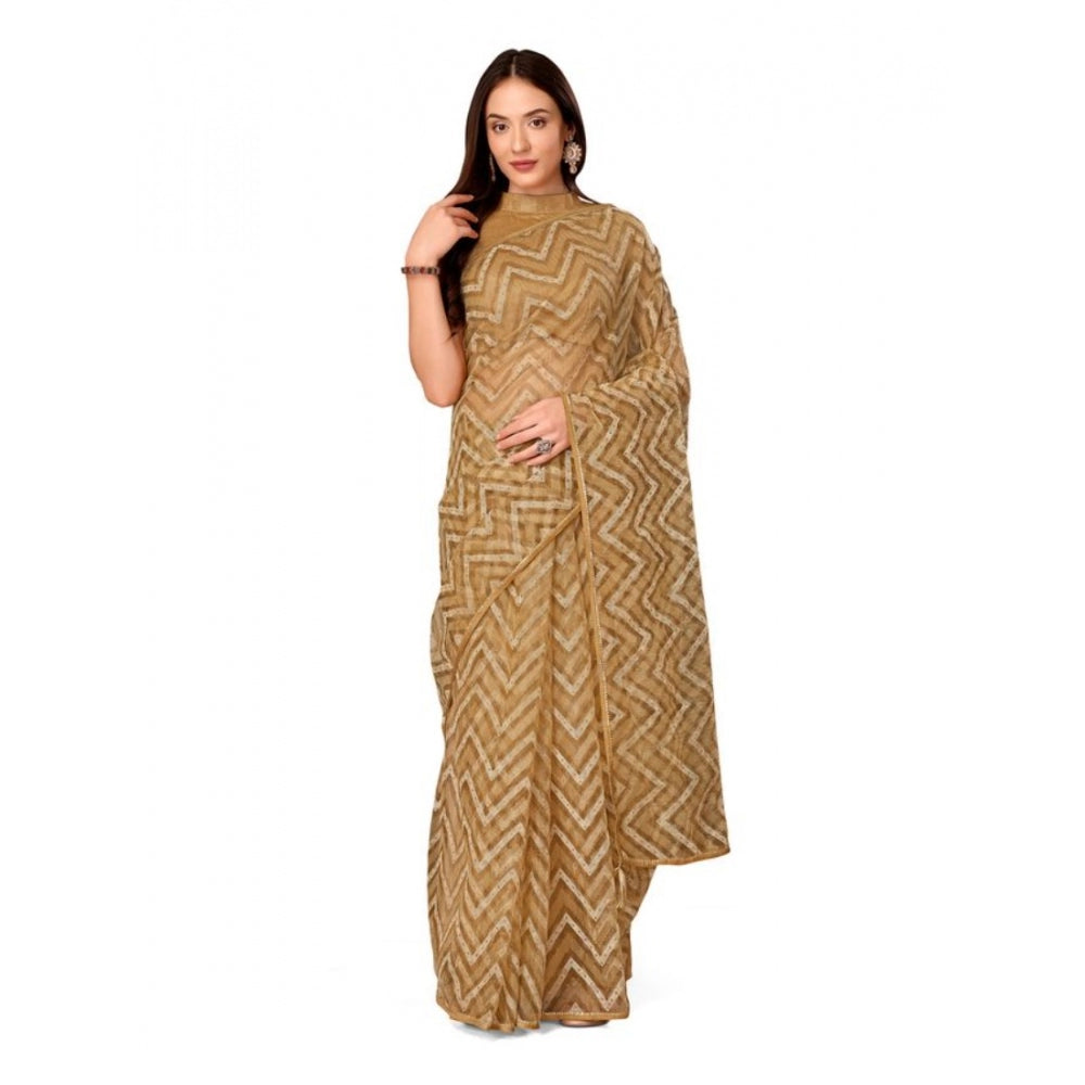 Shopper Beast Women's Linen Zig Zag Saree With Unstitched Blouse (Beige, 5-6 Mtrs)