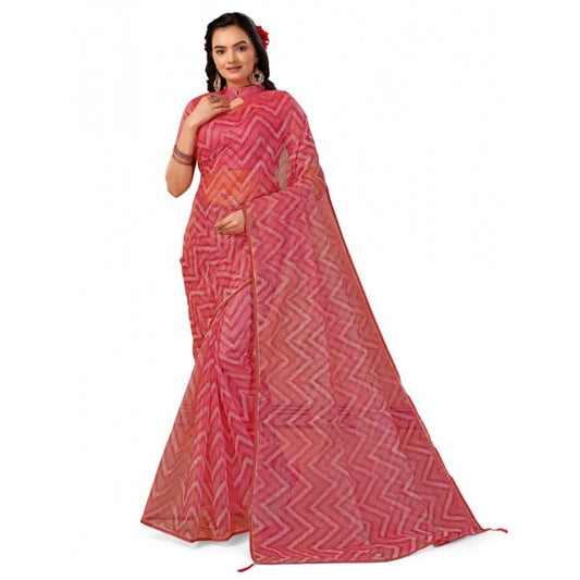 Shopper Beast Women's Linen Zig Zag Saree With Unstitched Blouse (Pink, 5-6 Mtrs)