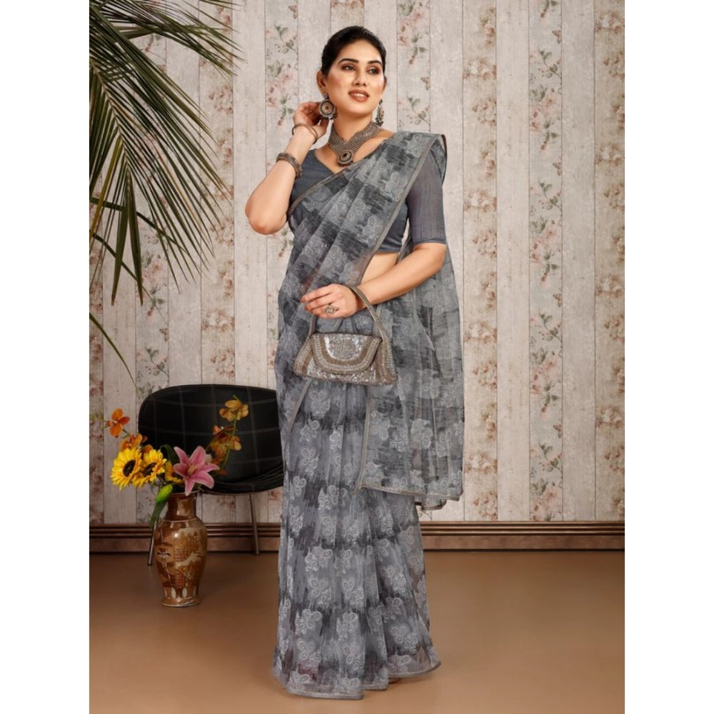 Shopper Beast Women's Linen Floral Printed Saree With Unstitched Blouse (Grey, 5-6 Mtrs)