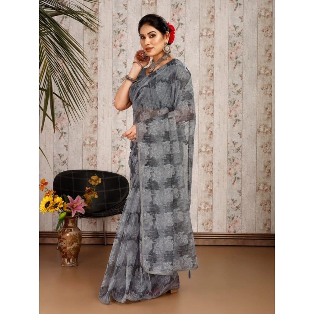 Shopper Beast Women's Linen Floral Printed Saree With Unstitched Blouse (Grey, 5-6 Mtrs)