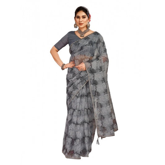 Shopper Beast Women's Linen Floral Printed Saree With Unstitched Blouse (Grey, 5-6 Mtrs)