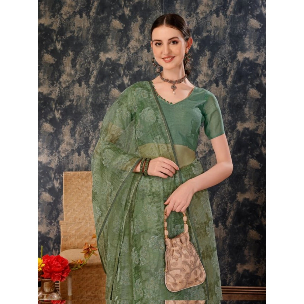 Shopper Beast Women's Linen Floral Printed Saree With Unstitched Blouse (Green, 5-6 Mtrs)